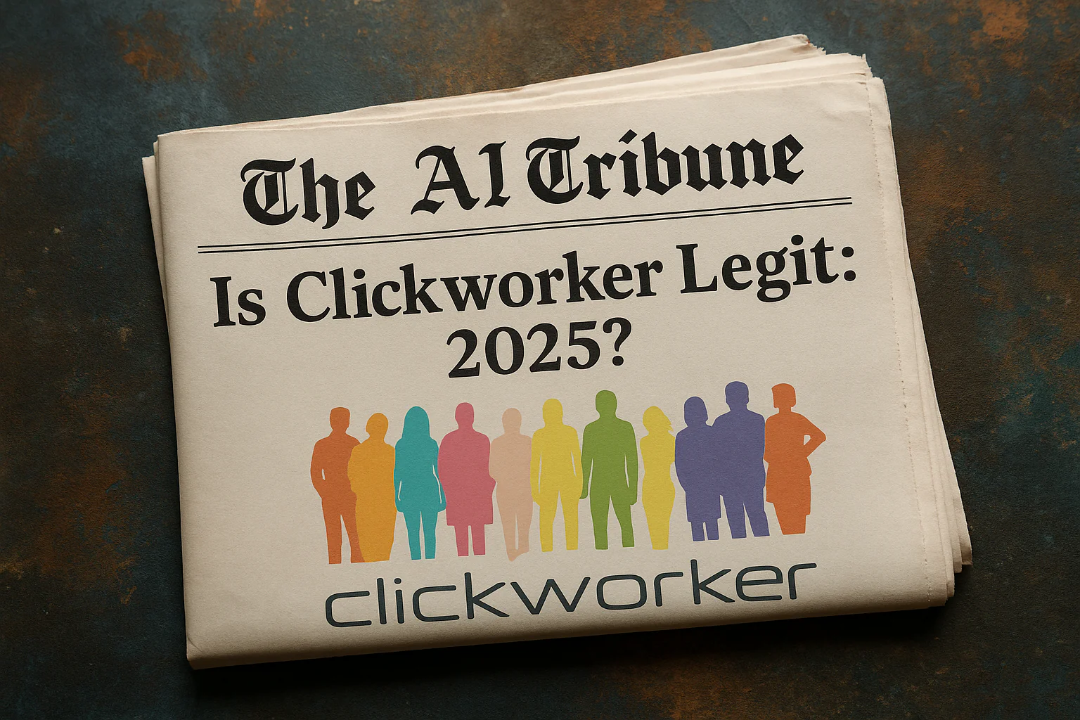 Newspaper-style front page titled “The AI Tribune” with the headline “Is Clickworker Legit: 2026?”, featuring the Clickworker logo and a row of multicolored human silhouettes, symbolizing crowd work and platform credibility.