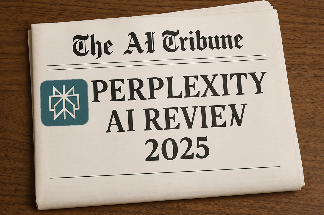 The AI Tribune newspaper front page featuring “Perplexity AI Review 2026,” with the Perplexity AI logo, highlighting an in-depth review of the AI search engine and its capabilities in 2026.