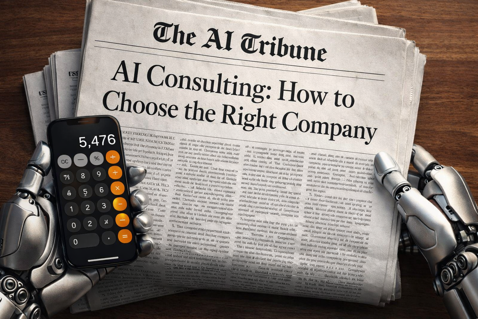 AI Tribune newspaper headline “AI Consulting: How to Choose the Right Company” held by robot hands, one holding a phone with calculator, on wooden table.