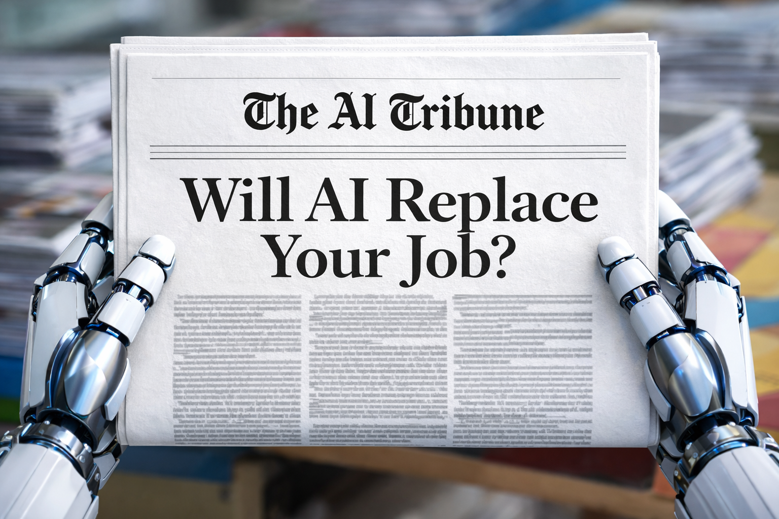 Robotic hands holding The AI Tribune newspaper front page with headline “Will AI Replace Your Job?” representing AI replacing jobs, automation, future of work, and artificial intelligence disruption.