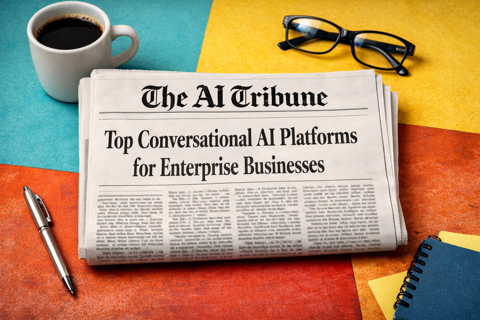 Front page of The AI Tribune newspaper featuring the headline “Top Conversational AI Platforms for Enterprise Businesses” placed on a colorful table with coffee, glasses, and notebook.