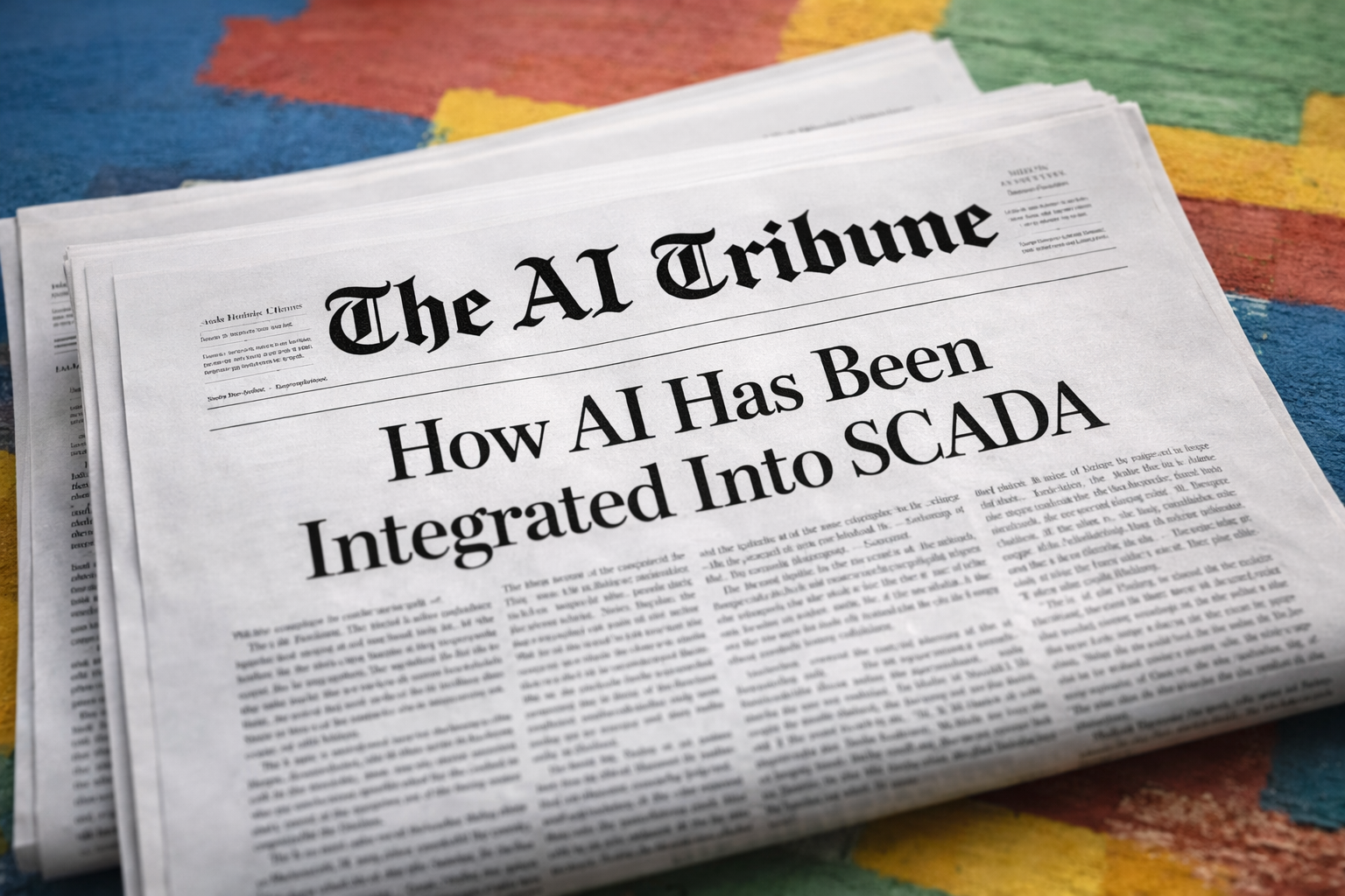 Front page of The AI Tribune newspaper featuring the headline “How AI Has Been Integrated Into SCADA” in classic serif font, placed on a colorful table background, symbolizing AI integration in industrial SCADA systems.