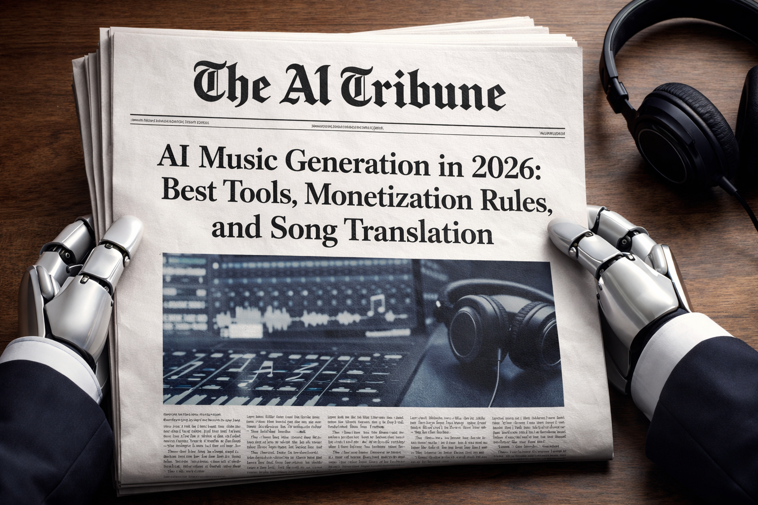 Front page of The AI Tribune newspaper featuring the headline “AI Music Generation in 2026: Best Tools, Monetization Rules, and Song Translation,” held by robot hands in business suits on a wooden table with headphones beside it, illustrating AI music tools and monetization trends.