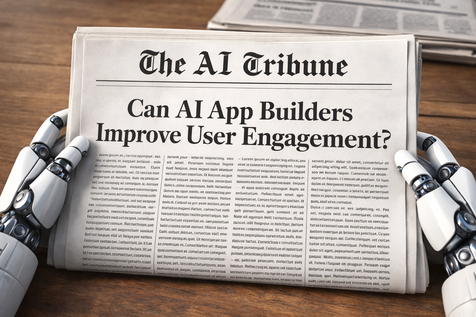 The AI Tribune newspaper front page with headline “Can AI App Builders Improve User Engagement?” held by robot hands, illustrating artificial intelligence app builders, AI-powered app development, user engagement strategies, and mobile app retention optimization.