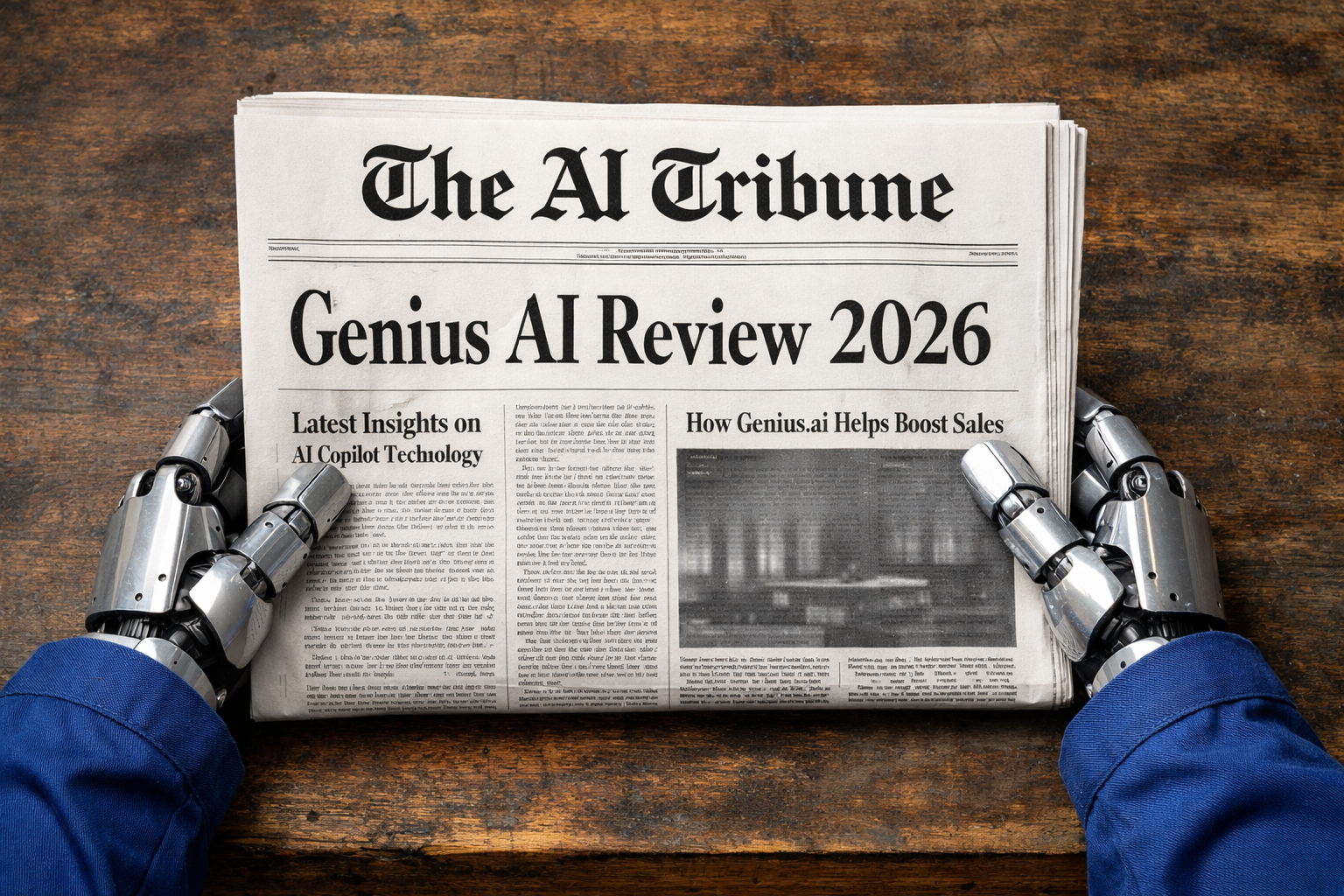 Newspaper front page titled “Genius AI Review 2026” under The AI Tribune logo, held by robotic hands in blue work sleeves on a wooden table, AI technology news cover design.
