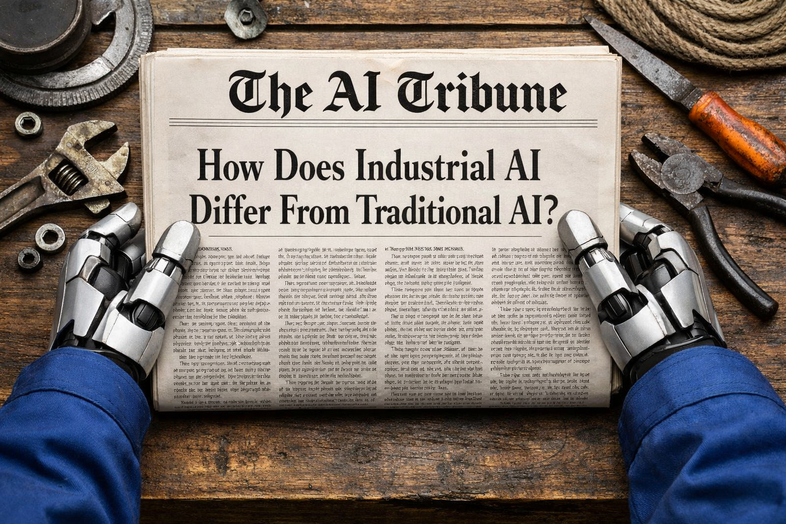 Newspaper front page titled “How Does Industrial AI Differ From Traditional AI?” by The AI Tribune, held by robotic hands in blue work sleeves on a wooden workbench with industrial tools, symbolizing smart manufacturing and industrial artificial intelligence.