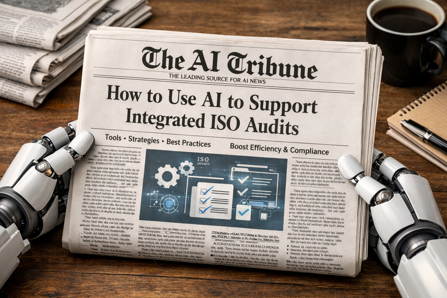 Newspaper front page titled “How to Use AI to Support Integrated ISO Audits” from The AI Tribune, held by robotic hands on a wooden desk, featuring AI compliance and ISO audit technology concept design.