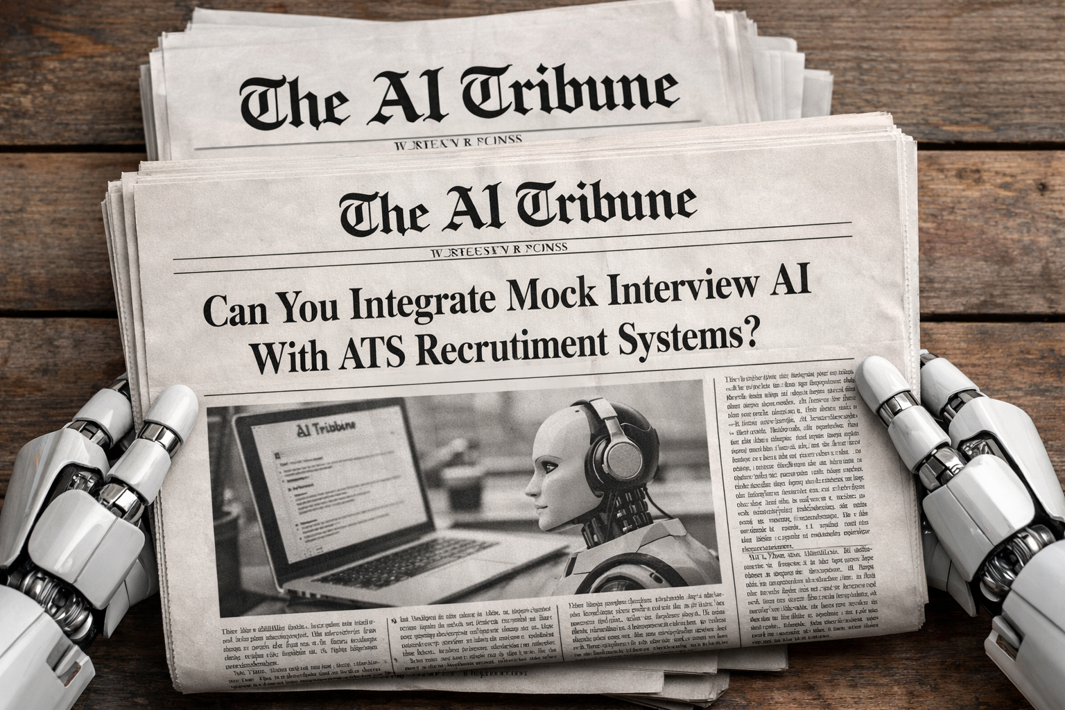 Newspaper front page titled “Can You Integrate Mock Interview AI With ATS Recruitment Systems?” featuring The AI Tribune logo at the top, displayed on a wooden table and held by robotic hands, symbolizing AI integration in recruitment technology.