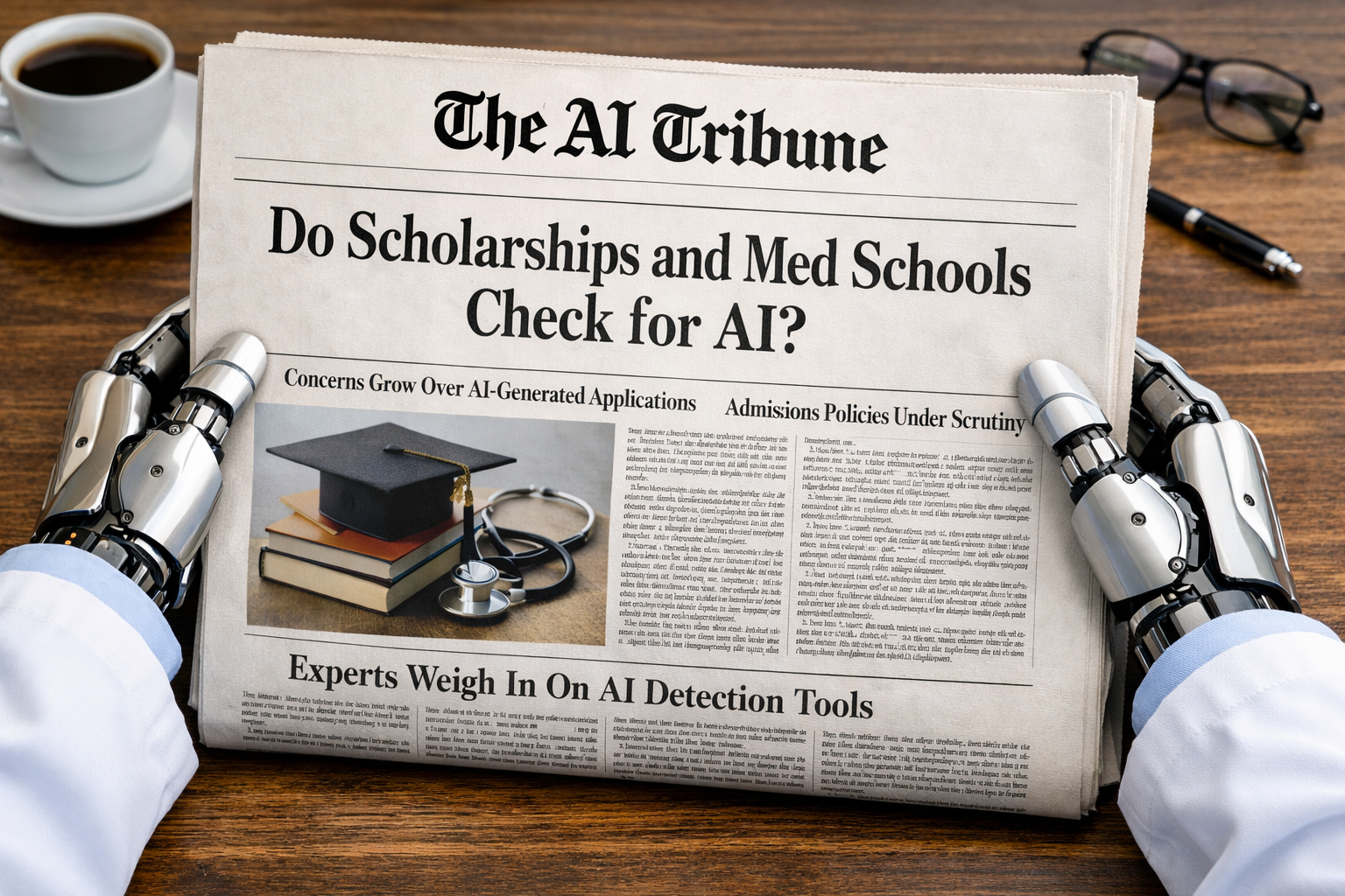 The AI Tribune newspaper front page with headline “Do Scholarships and Med Schools Check for AI?” held by robotic hands in medical doctor sleeves, symbolizing AI detection in scholarship essays and medical school admissions applications.