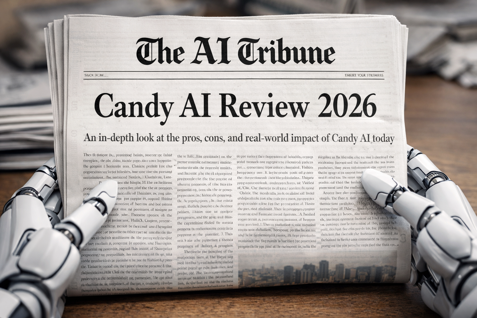 Newspaper front page titled “Candy AI Review 2026” under The AI Tribune logo, designed in a classic New York Times-style serif font, held by robotic hands over a wooden table, symbolizing AI technology and journalism in 2026.