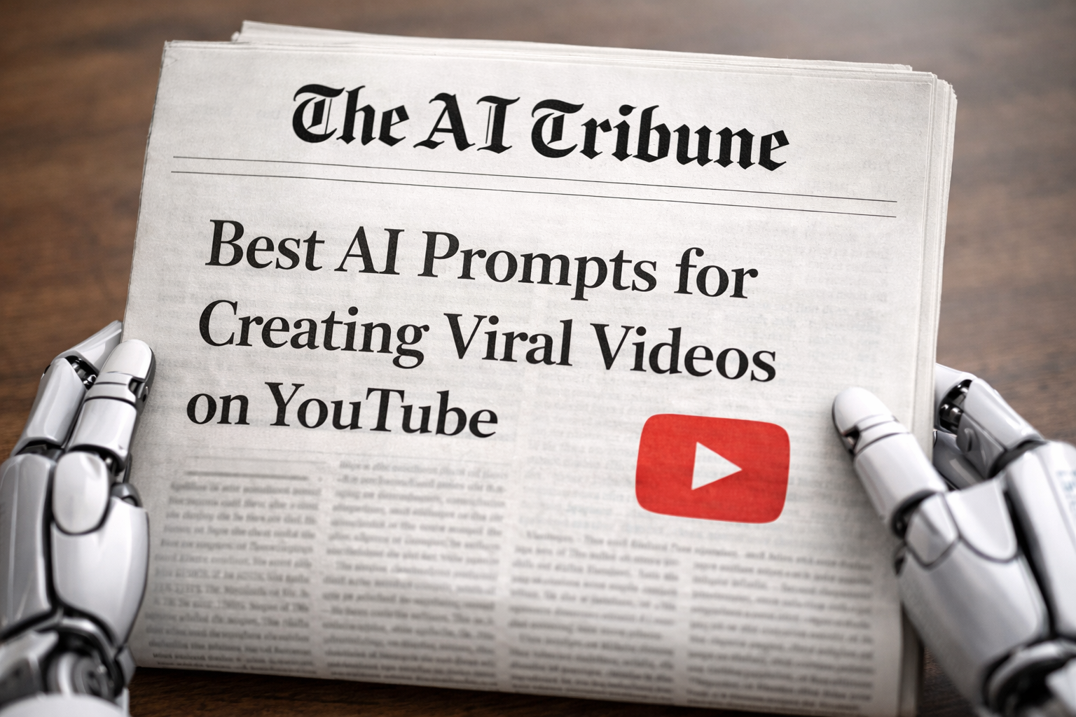 Newspaper front page titled “Best AI Prompts for Creating Viral Videos on YouTube” in classic serif newspaper style, branded as The AI Tribune, held by robotic hands on a wooden table with a visible YouTube logo on the cover.