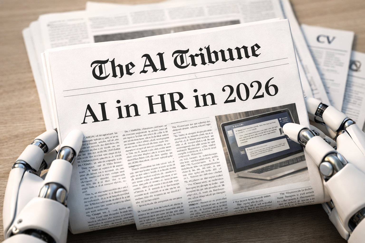 Newspaper front page titled “AI in HR in 2026” in New York Times–style serif font, featuring The AI Tribune logo at the top, laid on a wooden table and held by robotic hands, illustrating AI in HR news, hiring automation, and workplace technology trends for 2026.