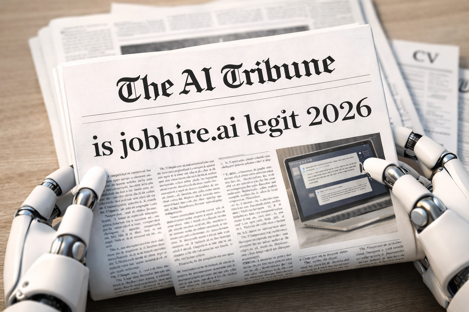 **Alt SEO text:** Newspaper front page titled “The AI Tribune” with the headline “is jobhire.ai legit 2026” in classic serif newspaper-style font, placed on a wooden table and held by robotic hands, representing AI-powered job platforms and technology journalism.