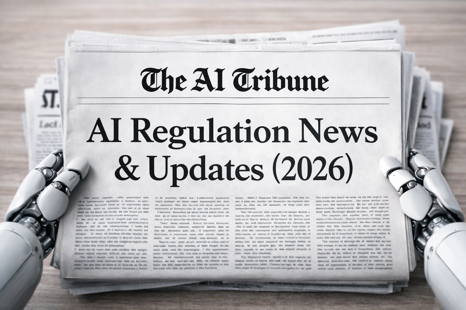 Newspaper front page titled “AI Regulation News & Updates (2026)” by The AI Tribune, displayed on a wooden table and held by robotic hands, featuring a bold classic serif headline in New York–style typography.