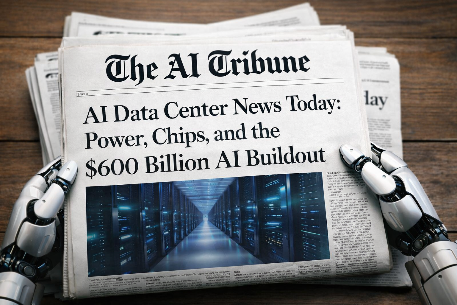 AI-generated newspaper front page titled “AI Data Center News Today: Power, Chips, and the $600 Billion AI Buildout” from The AI Tribune, held by robotic hands over a wooden table, featuring a futuristic data center image with servers and blue lighting.