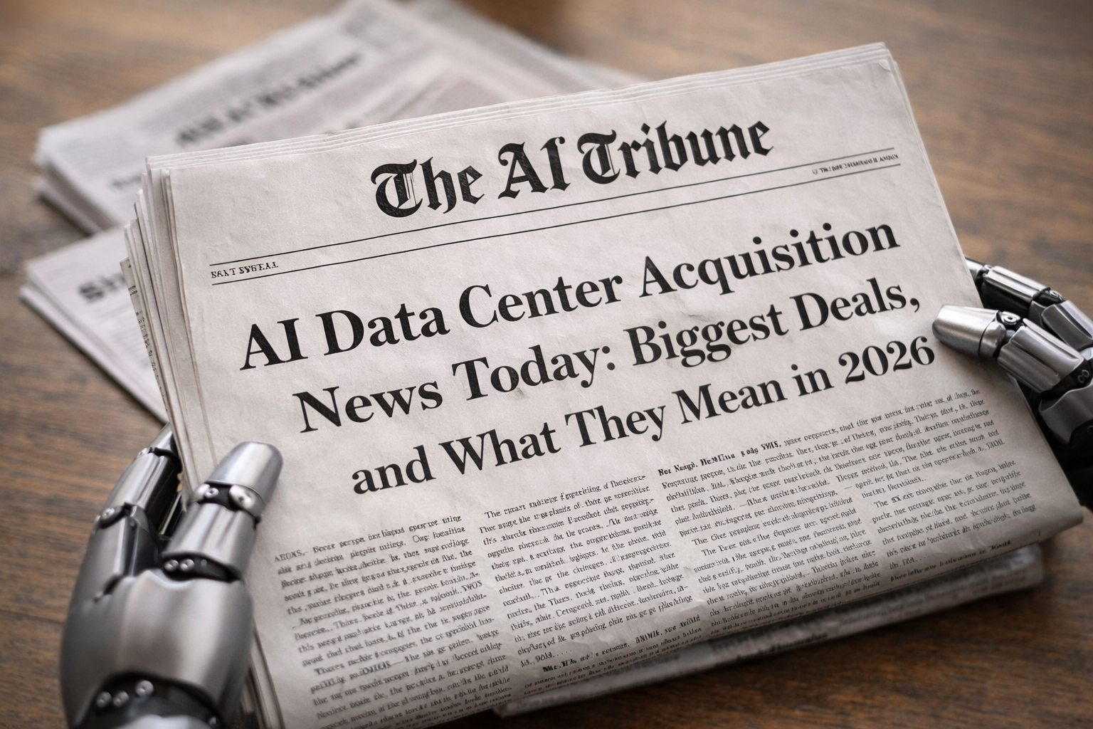 AI Tribune newspaper front page showing headline “AI Data Center Acquisition News Today: Biggest Deals, Buyers, and What They Mean in 2026,” held by robotic hands on a wooden table, symbolizing AI infrastructure growth and data center investments in 2026.
