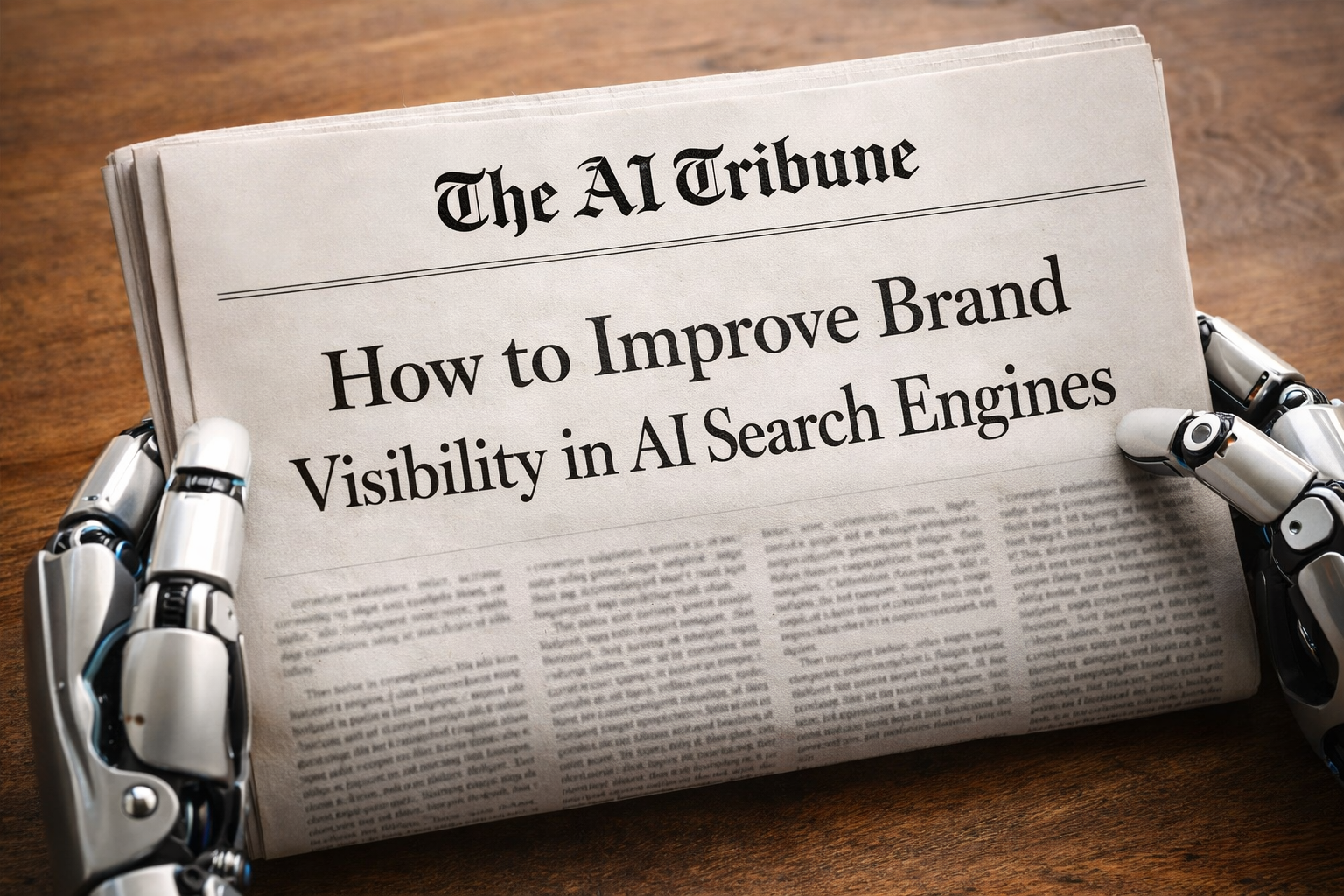 AI Tribune newspaper front page titled “How to Improve Brand Visibility in AI Search Engines,” held by robotic hands on a wooden table, representing AI journalism and the future of search engines.