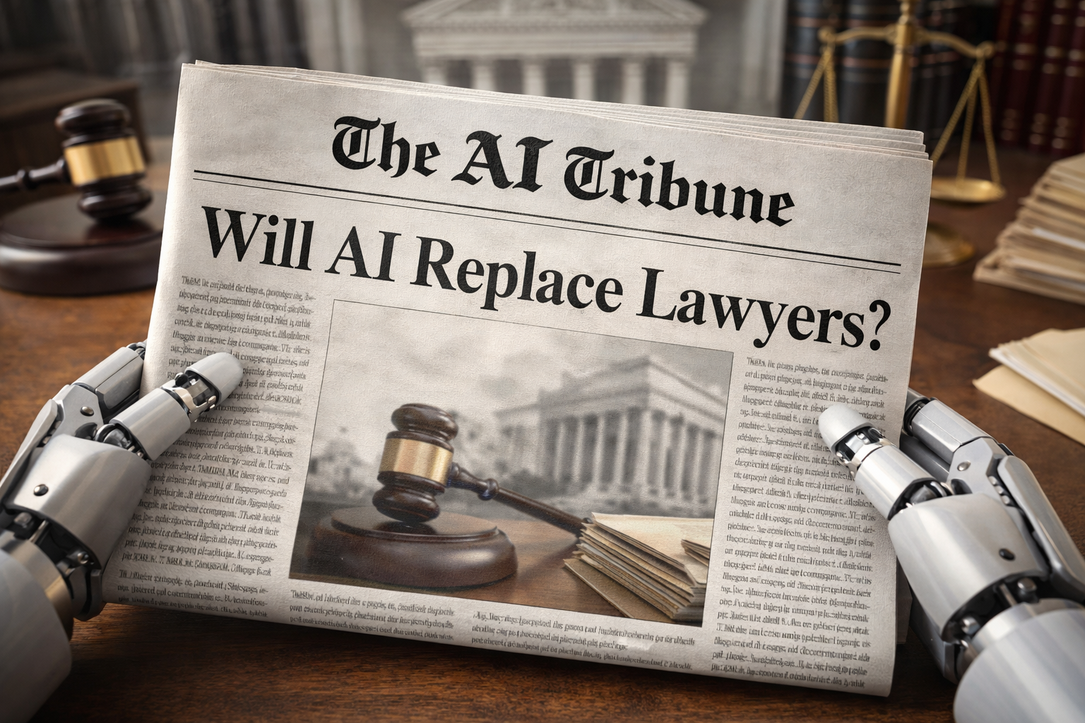 Robot hands holding a newspaper titled “The AI Tribune” with the headline “Will AI Replace Lawyers?” featuring a gavel, scales of justice, and courthouse imagery on a desk.