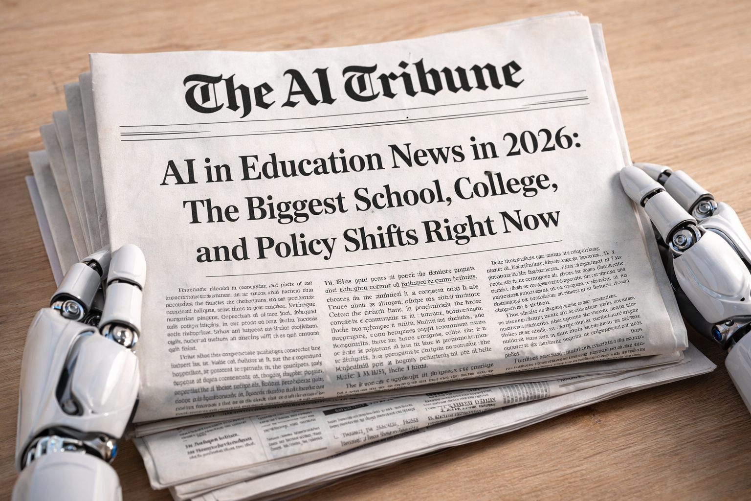 AI in Education News in 2026 newspaper front page by The AI Tribune, showing headline about school, college, and policy shifts, placed on a table and held by robotic hands representing artificial intelligence in education.