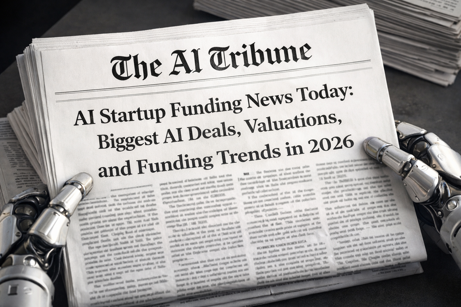 **SEO Alt Text:** AI Tribune newspaper front page showing AI startup funding news today headline about biggest AI deals, valuations, and funding trends in 2026, held by robotic hands on a table.