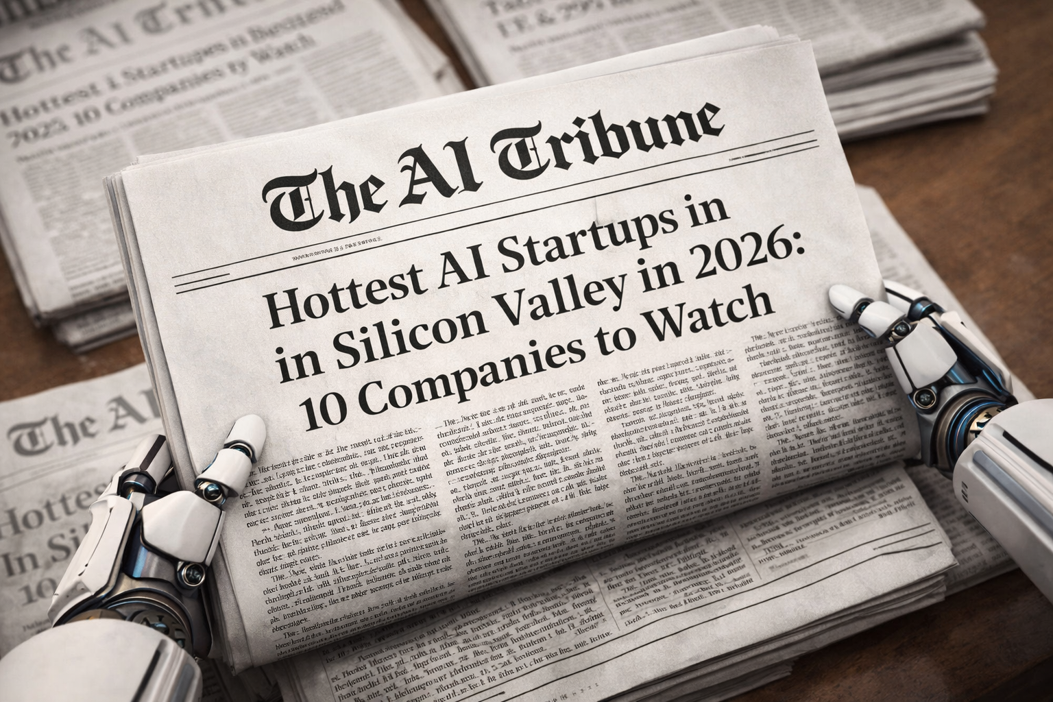 AI Tribune newspaper front page showing headline “Hottest AI Startups in Silicon Valley in 2026: 10 Companies to Watch,” held by robotic hands on a table, futuristic AI news concept image