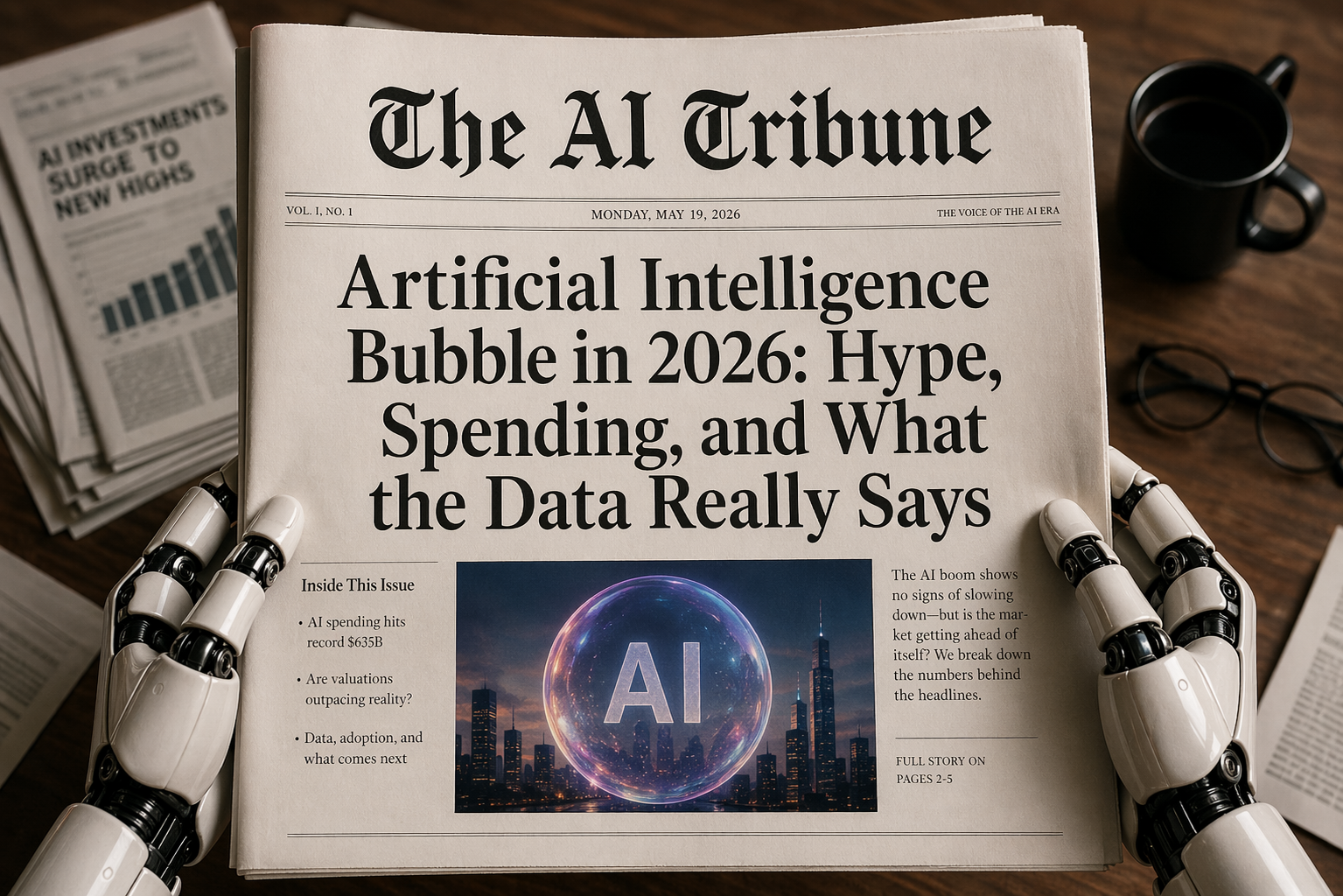 AI Tribune newspaper front page featuring headline “Artificial Intelligence Bubble in 2026: Hype, Spending, and What the Data Really Says,” displayed on a table and held by robot hands, symbolizing AI industry growth, investment hype, and economic debate in 2026.