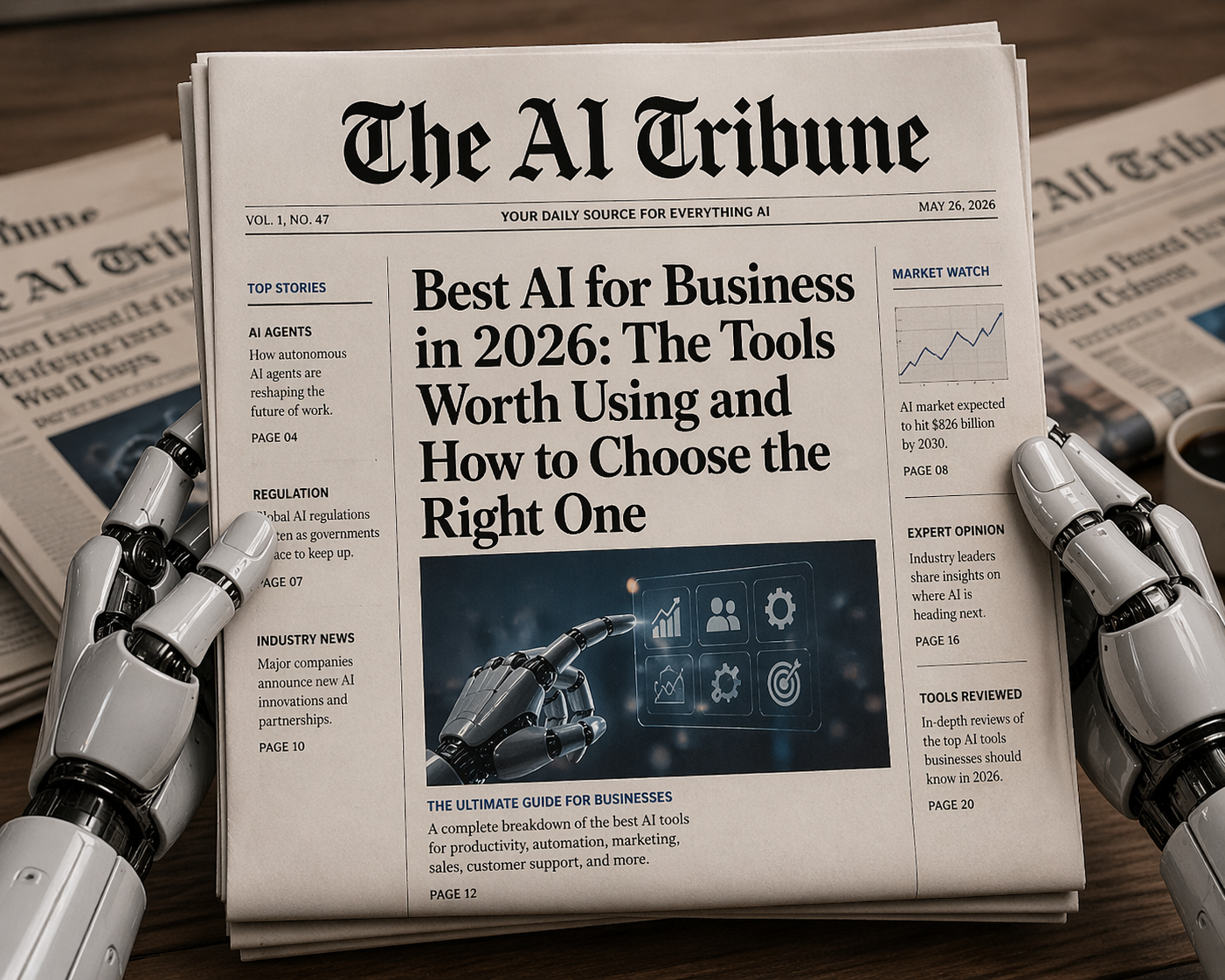 AI Tribune newspaper front page titled “Best AI for Business in 2026: The Tools Worth Using and How to Choose the Right One” held by robotic hands on a table, featuring futuristic AI business concept design