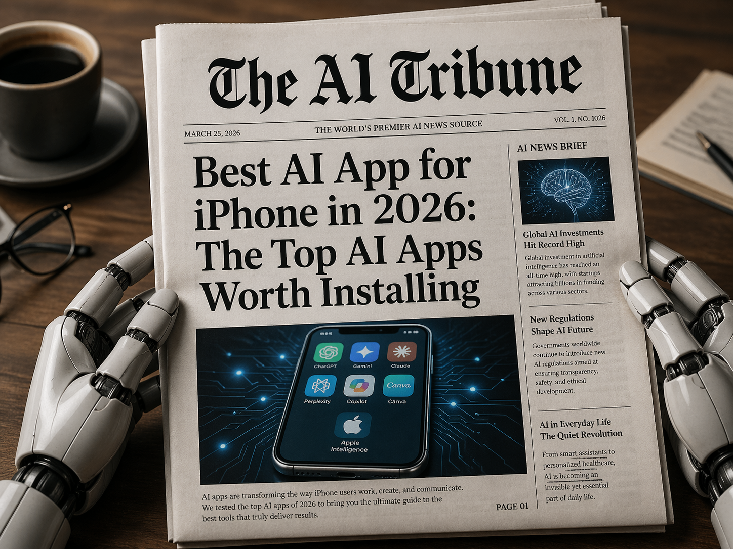 AI Tribune newspaper front page featuring headline “Best AI App for iPhone in 2026: The Top AI Apps Worth Installing,” held by robotic hands on a wooden table, showcasing top AI apps like ChatGPT, Gemini, Claude, Perplexity, Canva, Copilot, and Apple Intelligence.