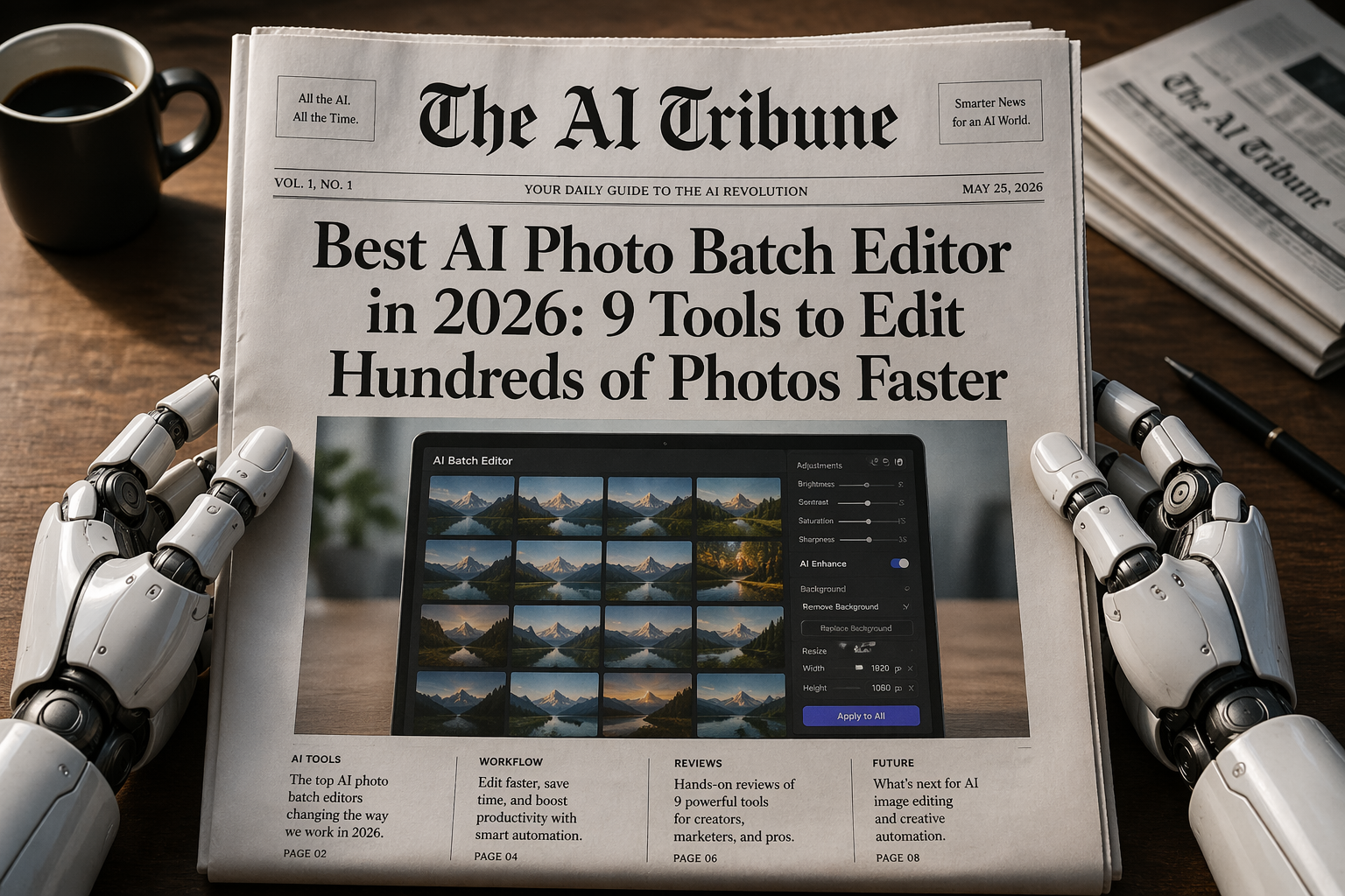 AI Tribune newspaper front page showing headline “Best AI Photo Batch Editor in 2026: 9 Tools to Edit Hundreds of Photos Faster,” held by robotic hands on a wooden table with coffee, featuring AI image editing interface and batch photo thumbnails.