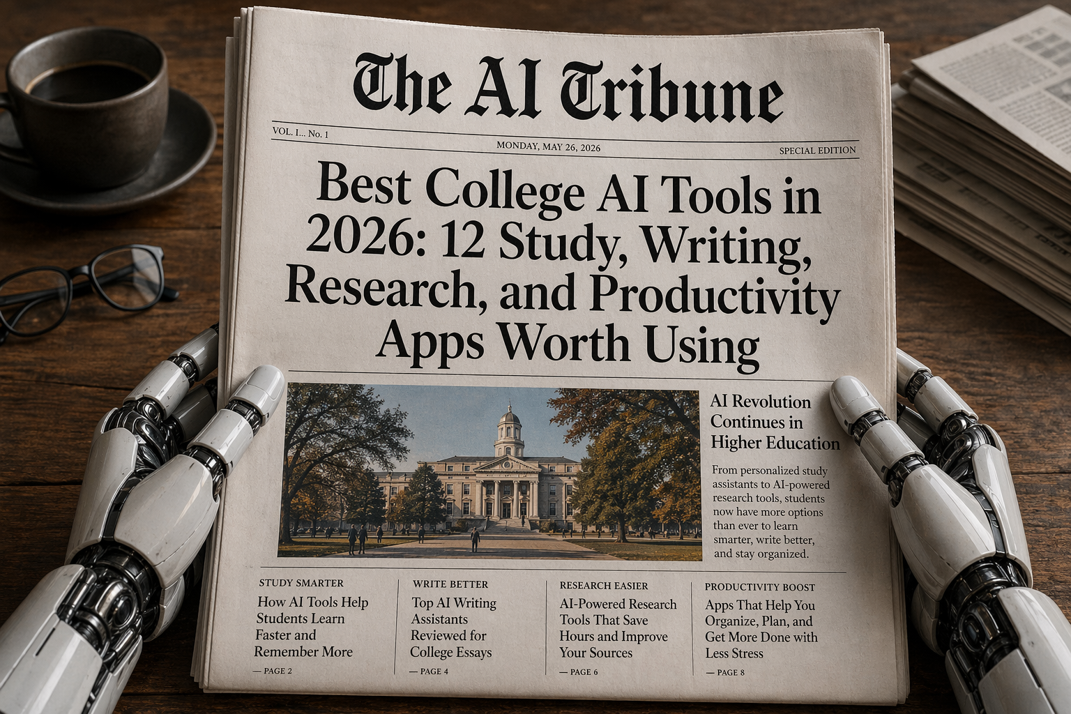 Newspaper front page titled “Best College AI Tools in 2026: 12 Study, Writing, Research, and Productivity Apps Worth Using” displayed on a wooden table, held by robotic hands, featuring The AI Tribune logo in a classic serif newspaper-style font.