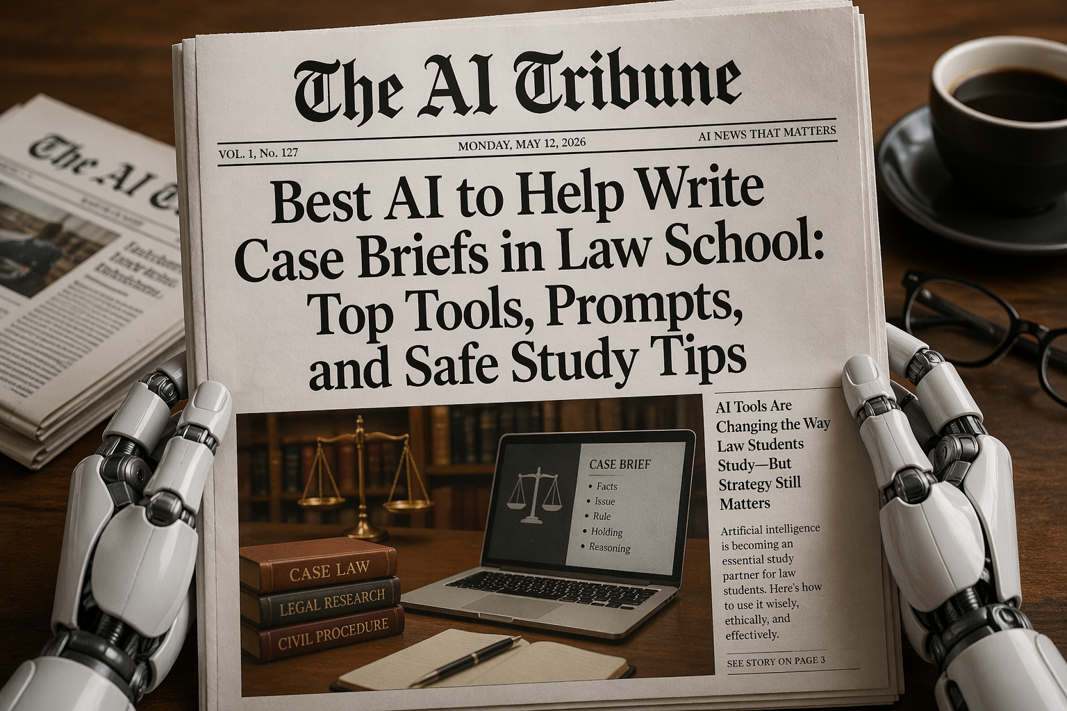 AI Tribune newspaper front page featuring the headline “Best AI to Help Write Case Briefs in Law School: Top Tools, Prompts, and Safe Study Tips,” displayed on a table with robot hands holding the paper, alongside a laptop showing a case brief, legal books, and a coffee cup in a study setting.