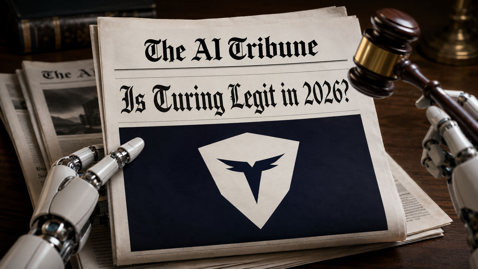 Robot hands hold a newspaper titled “Is Turing Legit in 2026?” with The AI Tribune masthead, Turing logo, and a judge’s gavel symbolizing a verdict on whether Turing is legit.