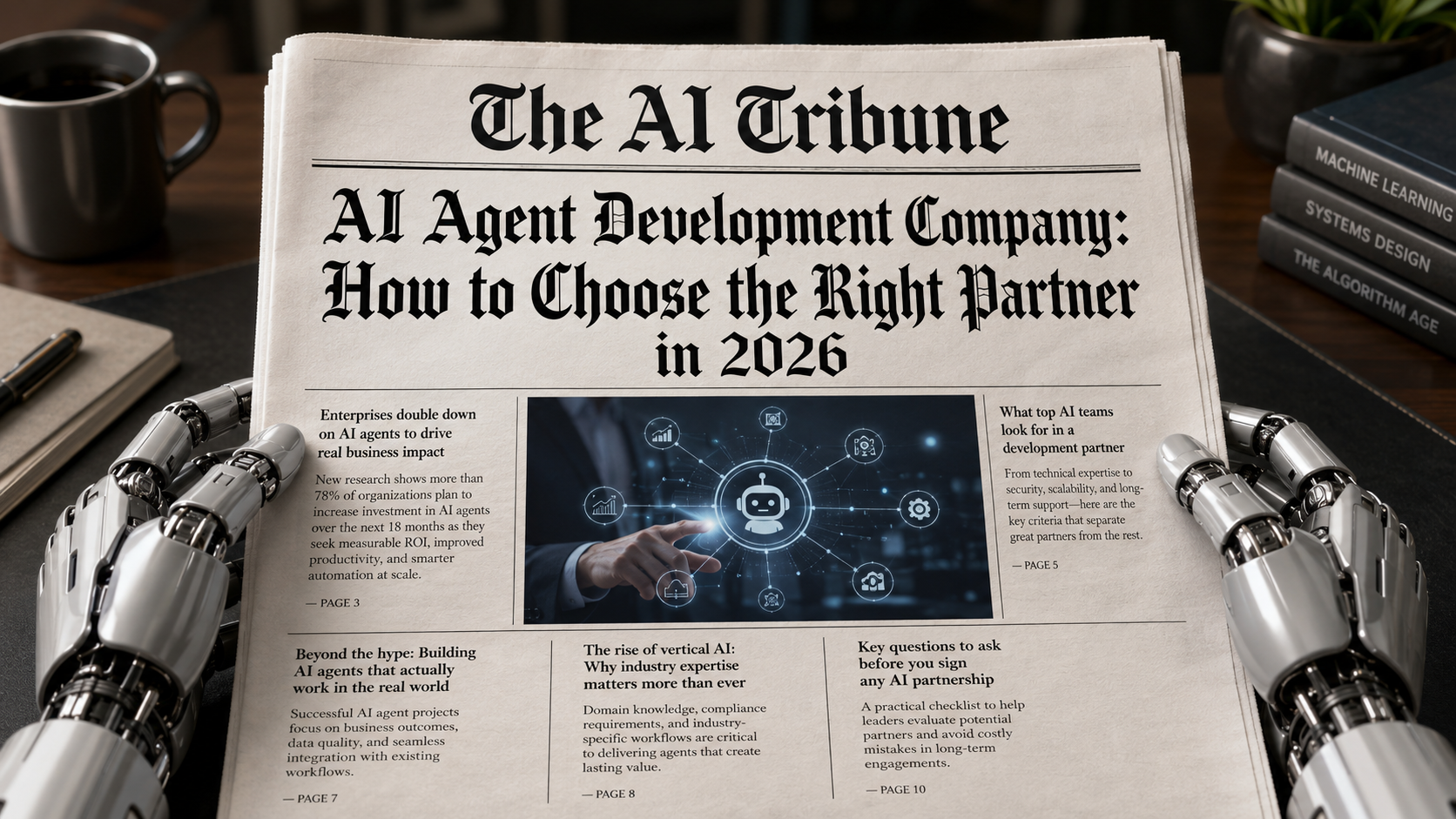 AI agent development company newspaper front page for 2026 guide, featuring The AI Tribune logo, robotic hands, and AI business automation headlines on a desk.