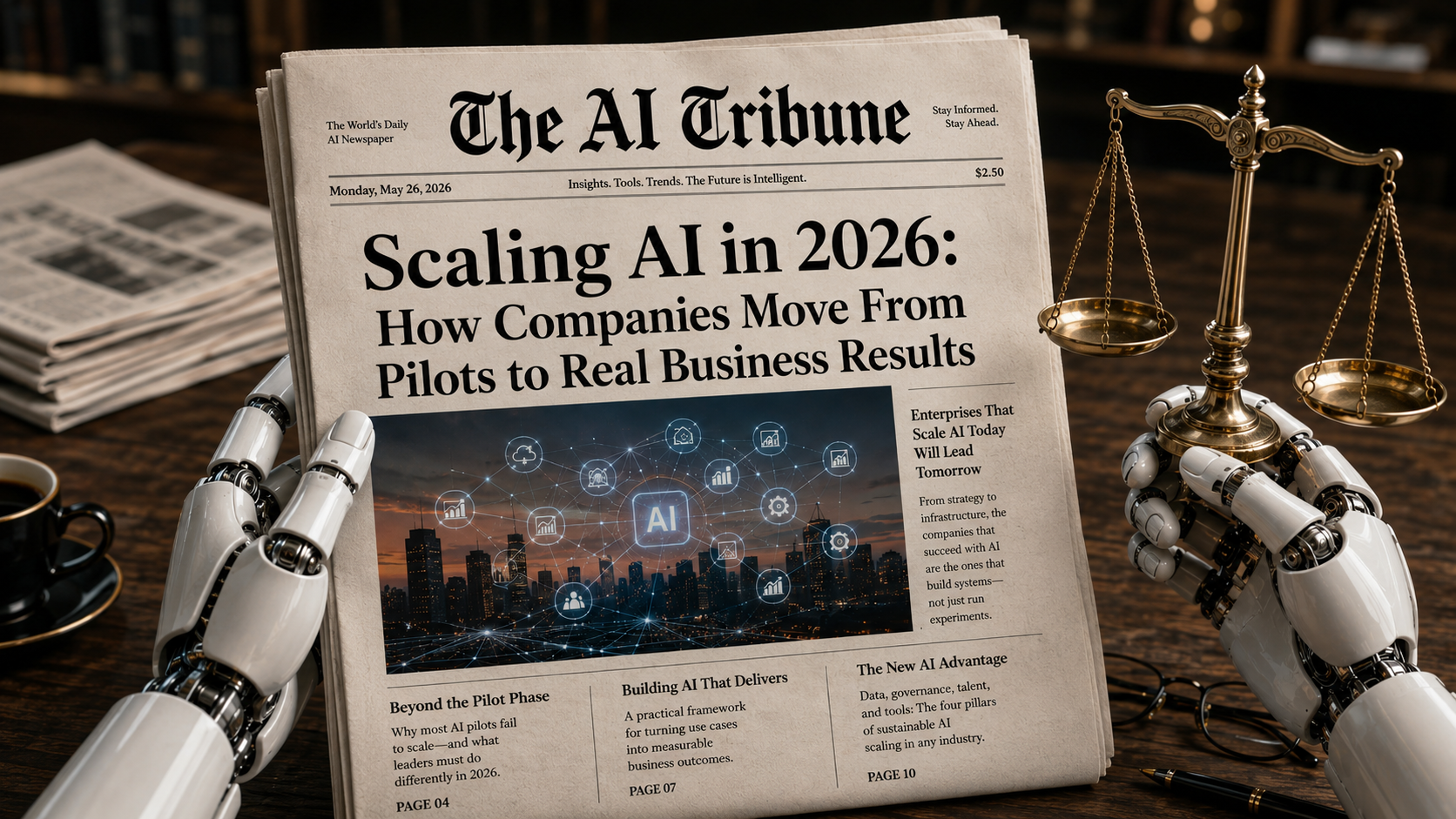 AI Tribune newspaper-style cover image showing “Scaling AI in 2026: How Companies Move From Pilots to Real Business Results” with robotic hands holding a newspaper and balance scale, symbolizing enterprise AI growth, governance, automation, and business transformation in 2026.