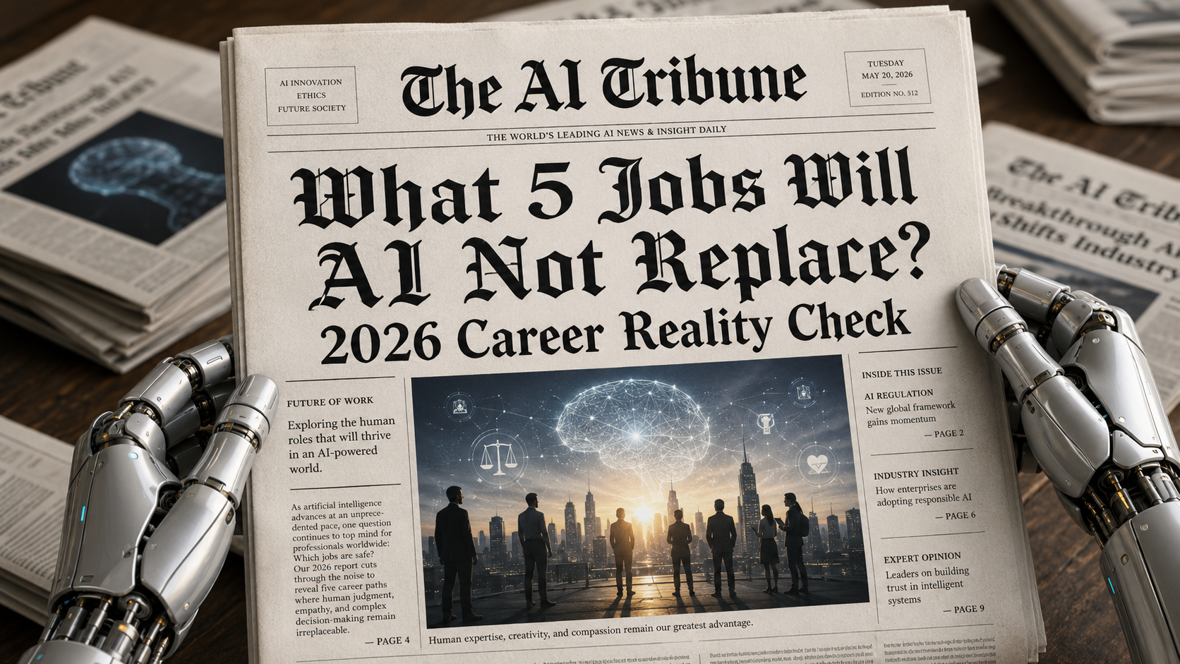 Robot hands holding The AI Tribune newspaper front page about what 5 jobs AI will not replace in 2026 career reality check