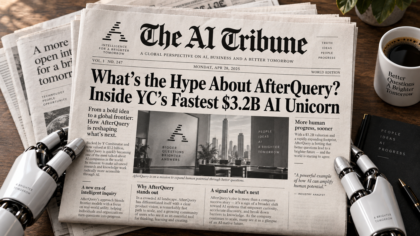 AfterQuery $3.2B AI unicorn featured on The AI Tribune newspaper held by robotic hands