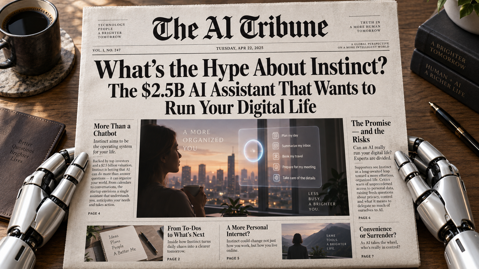 Robot hands holding The AI Tribune newspaper featuring Instinct AI’s $2.5B personal assistant story