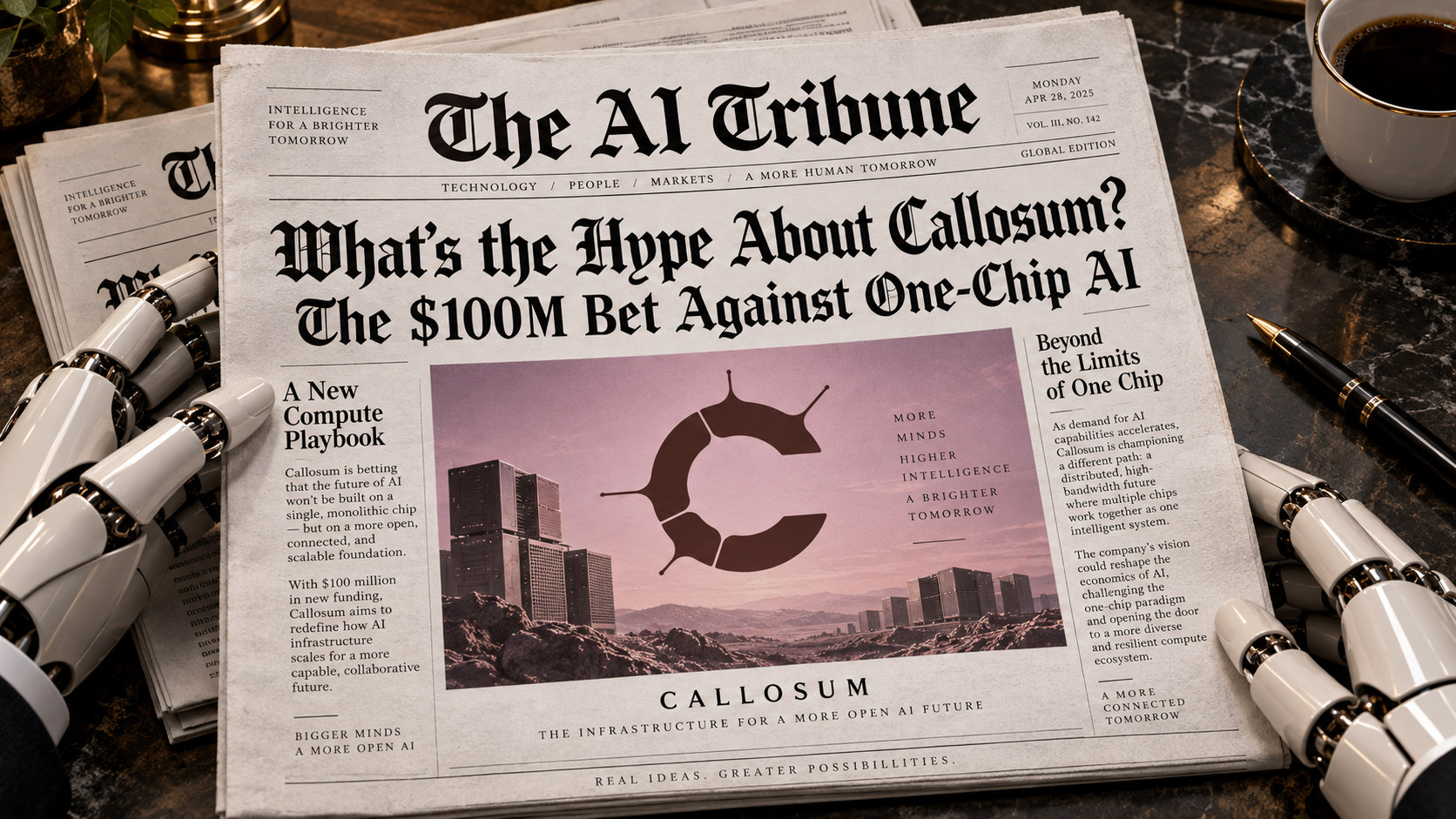 AI Tribune newspaper cover featuring Callosum and its $100M multi-chip AI infrastructure bet
