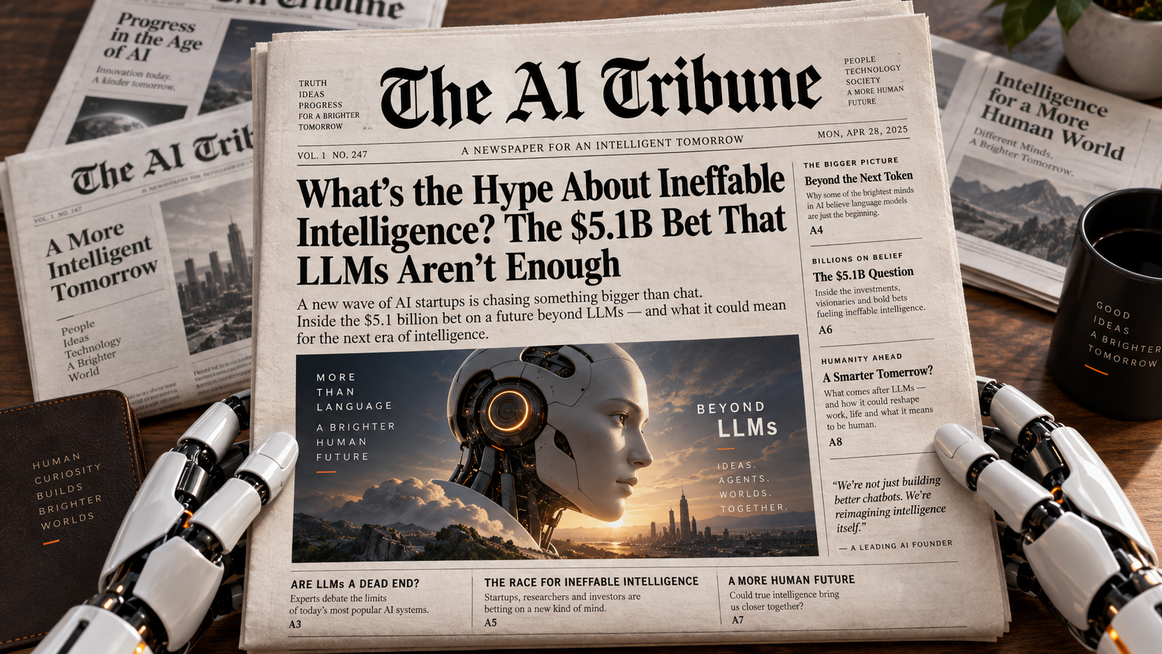The AI Tribune newspaper cover featuring Ineffable Intelligence’s $5.1B bet that LLMs are not enough, held by robotic hands.
